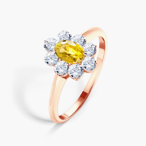 Pierścionek zaręczynowy SAVICKI: różowe złoto, żółty szafir, białe szafiry